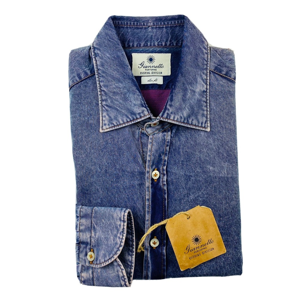Giannetto Portofino Washed Purple Mens Button Front Shirt 16.5/42 Slim NWT Italy